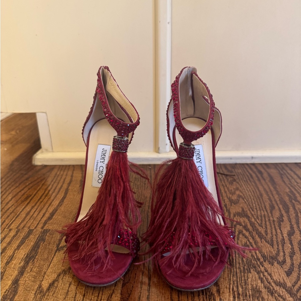 Jimmy Choo Burgundy Feathered Heels